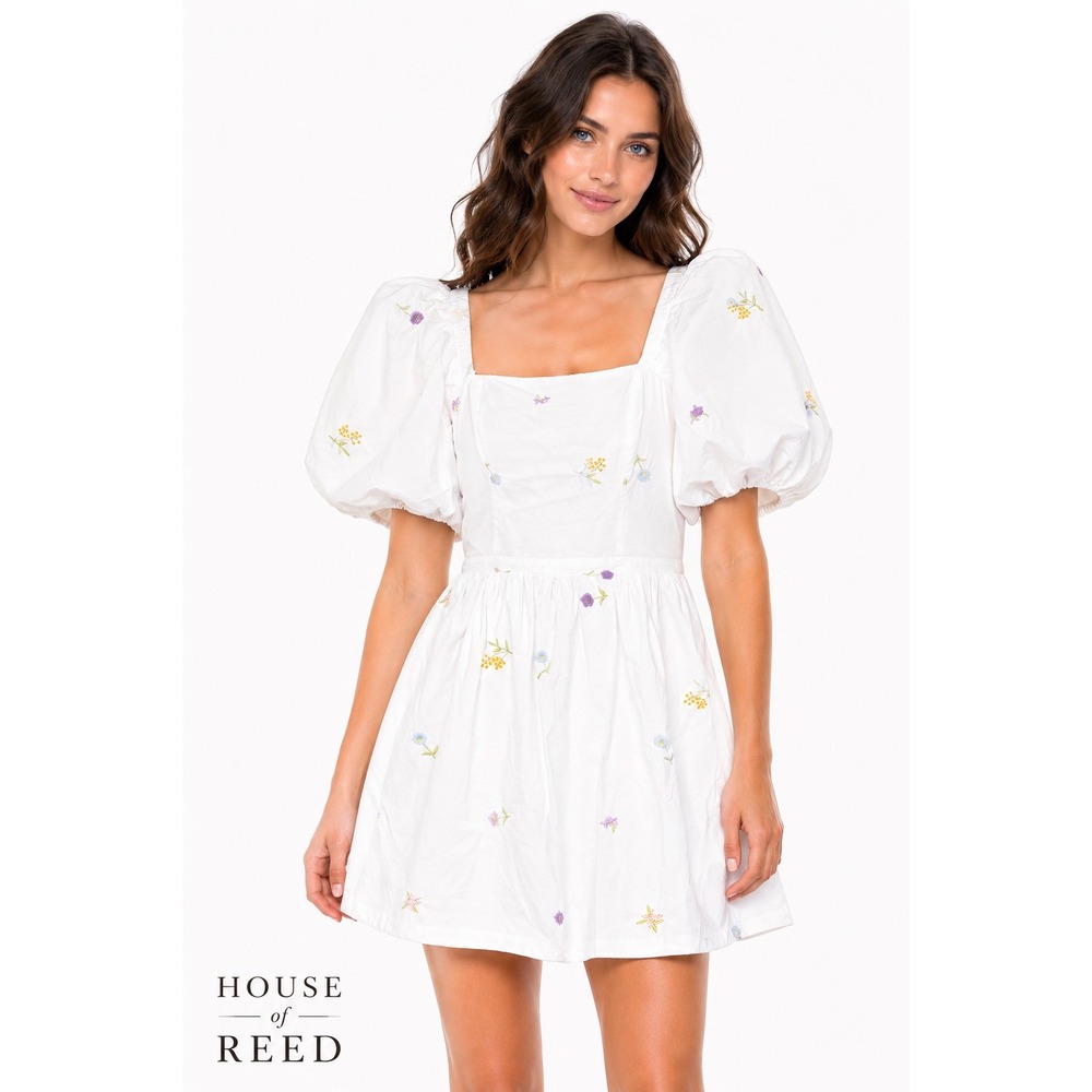 English Factory White Floral Embroidered Puff Sleeve Tie Back Mini Dress XS